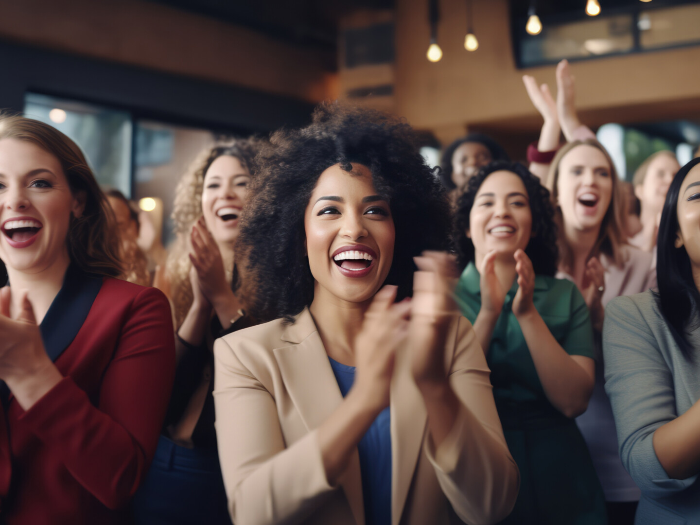 Diverse female employees celebrating in the office