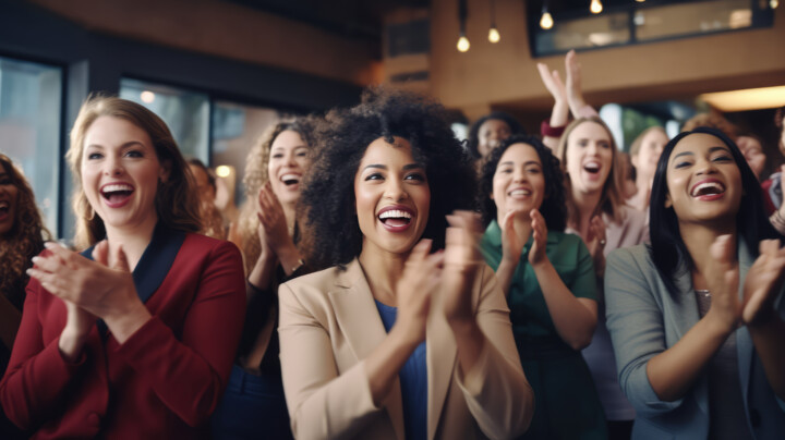Diverse female employees celebrating in the office