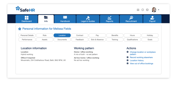 SafeHR software dashboard showing employee's work location