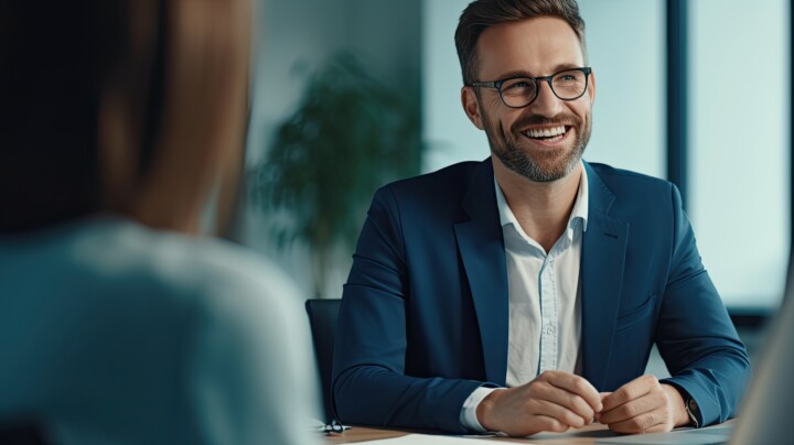 Happy employee smiling during meeting