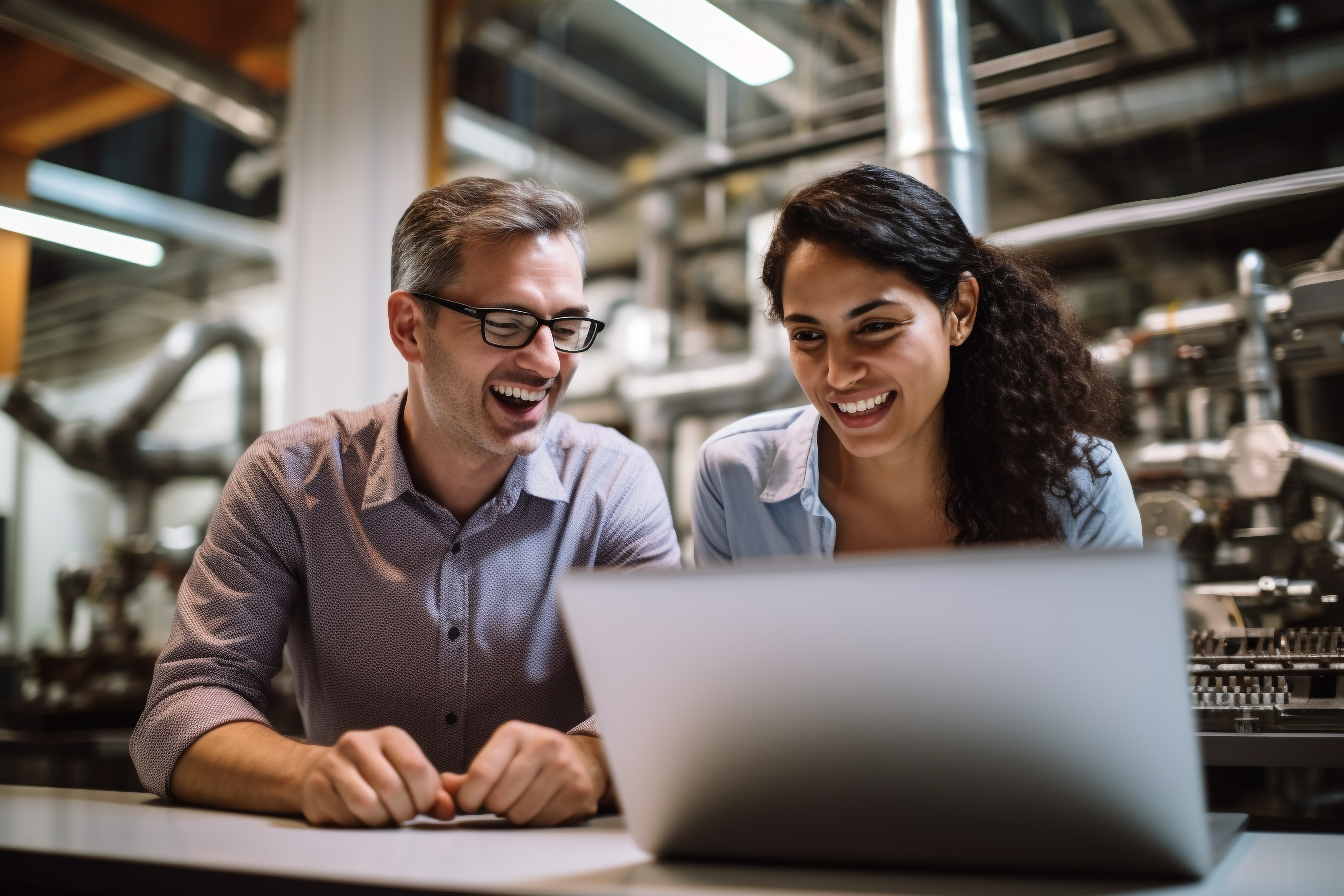 Two happy employees smiling in a manufacturing plant