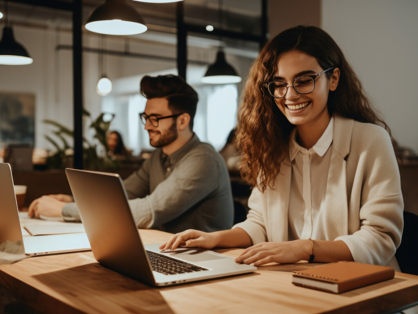 Young happy businesswoman working in a shared office space wearing formals