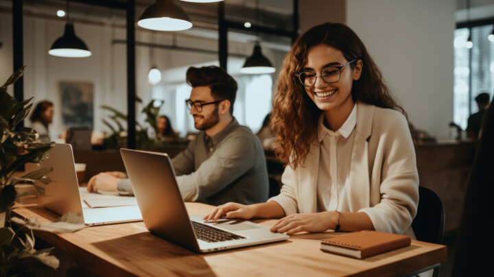 Young happy businesswoman working in a shared office space wearing formals