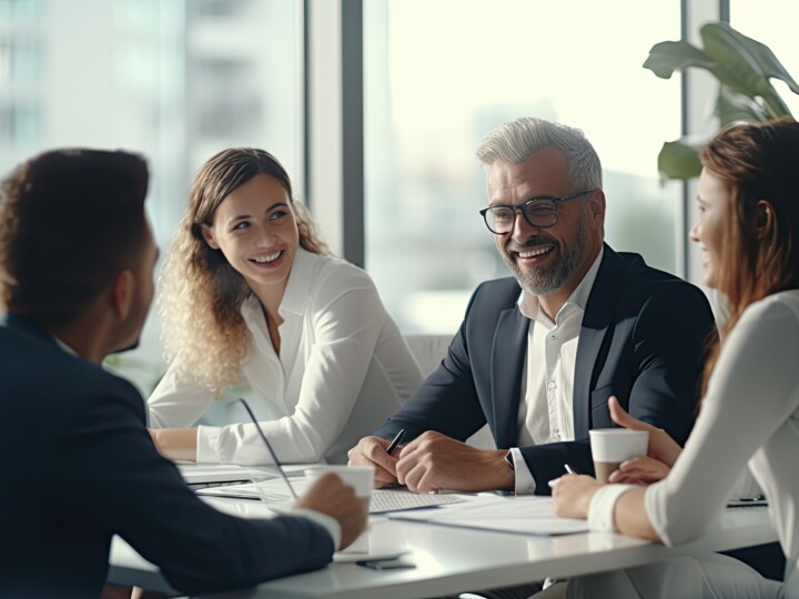 Happy employees in formal attire in a meeting