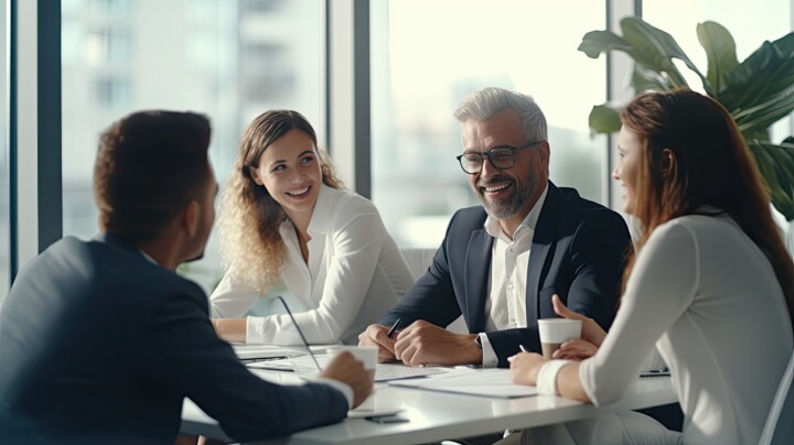 Happy employees in formal attire in a meeting