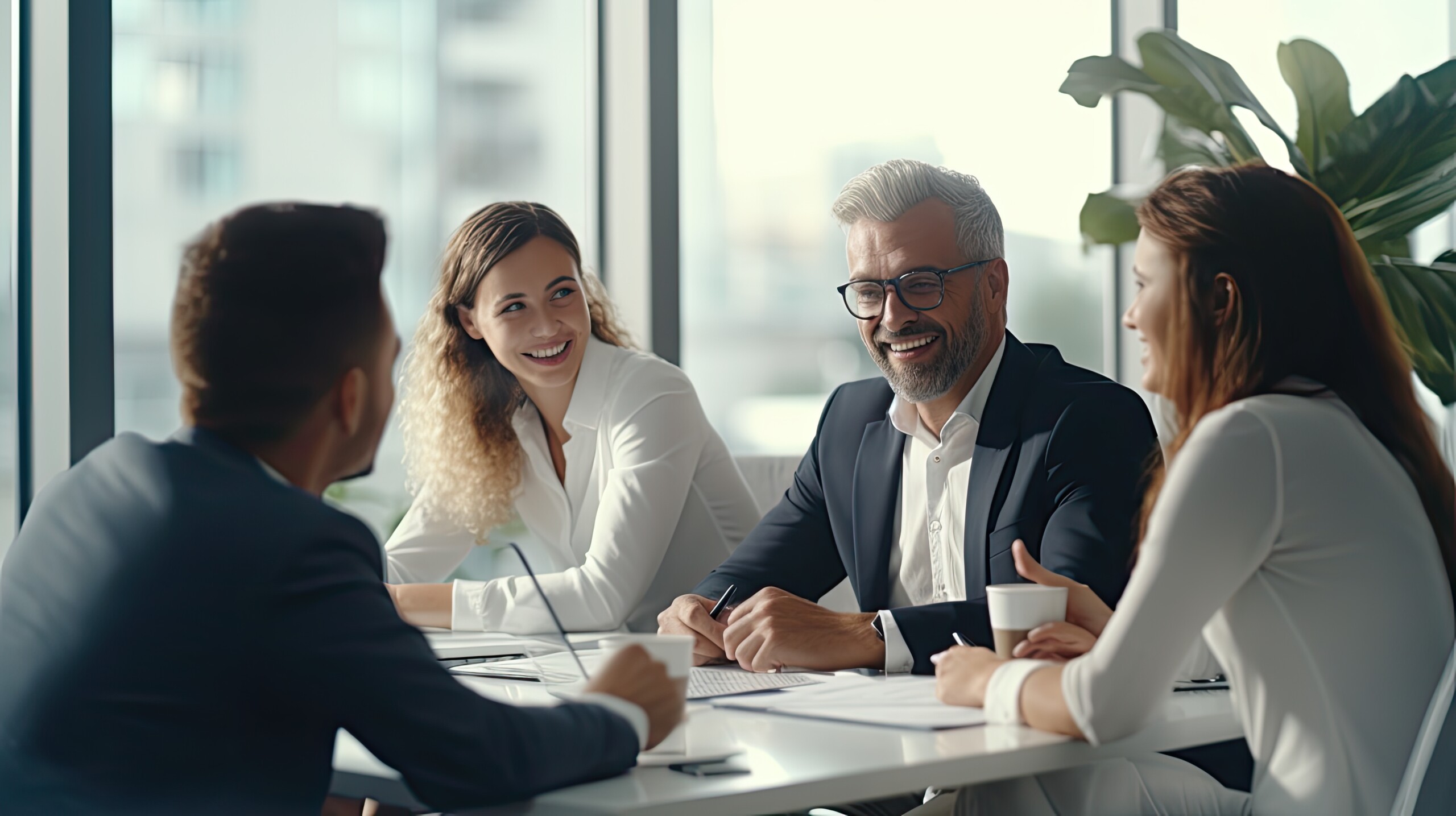 Happy employees in formal attire in a meeting