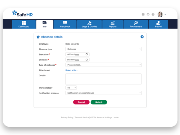 SafeHR software showing absence details
