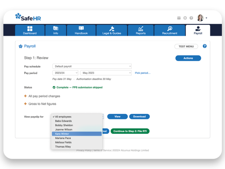 SafeHR's Payroll tab screenshot
