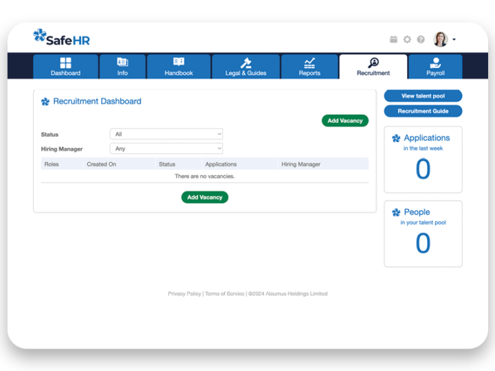 Recruitment dashboard on SafeHR software