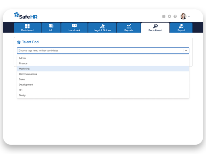 Recruitment Talent Pool on SafeHR software